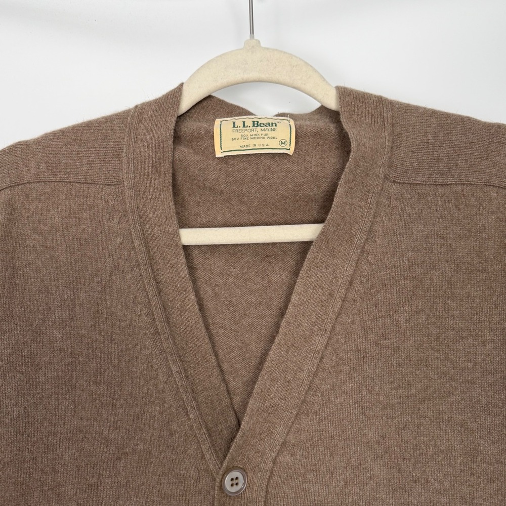 L.L.Bean Mink & Merino Wool Cardigan Medium Brown V-Neck Button Quiet Luxury - Picture 5 of 10